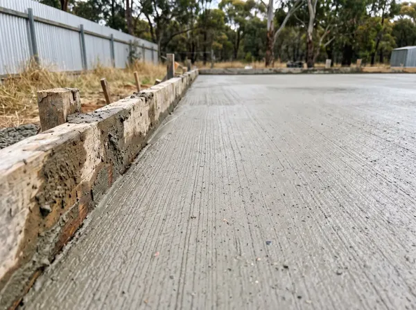 Freshly poured concrete slab still in its timber formwork, the surface broom finished