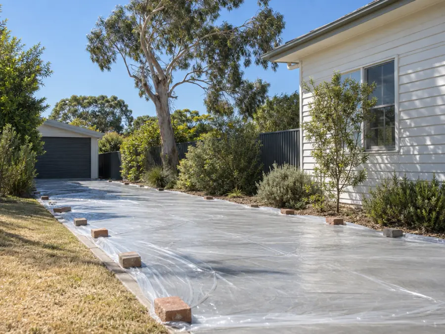 A new concrete driveway in late-morning summer sun beside a weatherboard Australian home, covered with clear plastic sheeting weighed down with bricks, a eucalypt bending slightly in the breeze, a dry lawn edge.