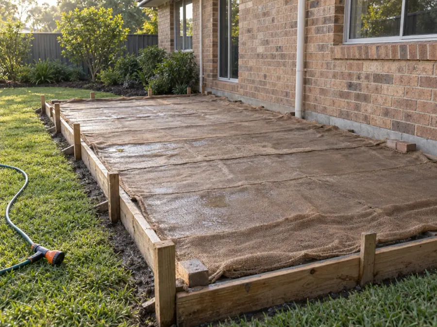A fresh concrete slab beside a brick home, covered with damp hessian held down at the edges, with a garden hose beside it.