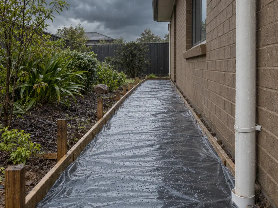 A set concrete path along the side of an Australian suburban home under dark storm clouds, light rain falling and beading on a plastic sheet laid over the path, timber formwork at the edges, a downpipe and garden bed nearby.