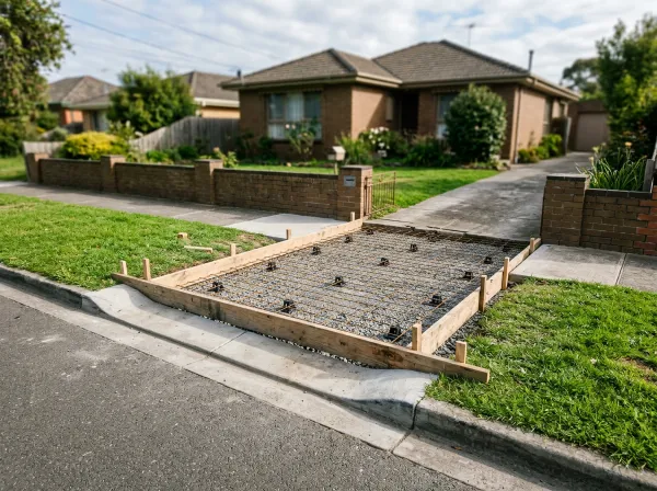 Timber formwork holding reinforcing mesh on bar chairs, running from a kerb layback across the nature strip to a driveway opening in a brick front fence, with a brick house behind