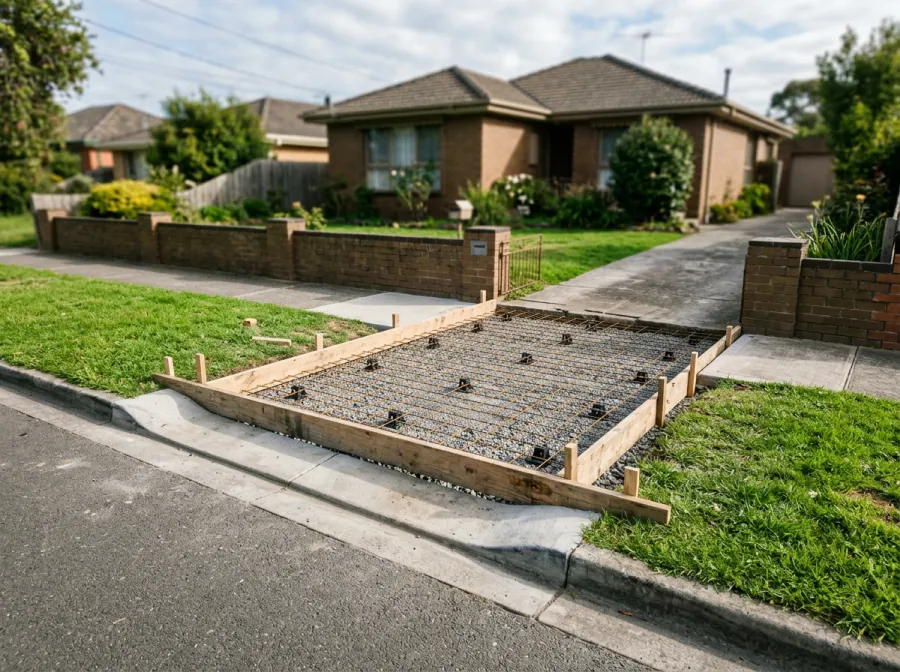 Timber formwork holding reinforcing mesh on bar chairs, running from a kerb layback across the nature strip to a driveway opening in a brick front fence, with a brick house behind