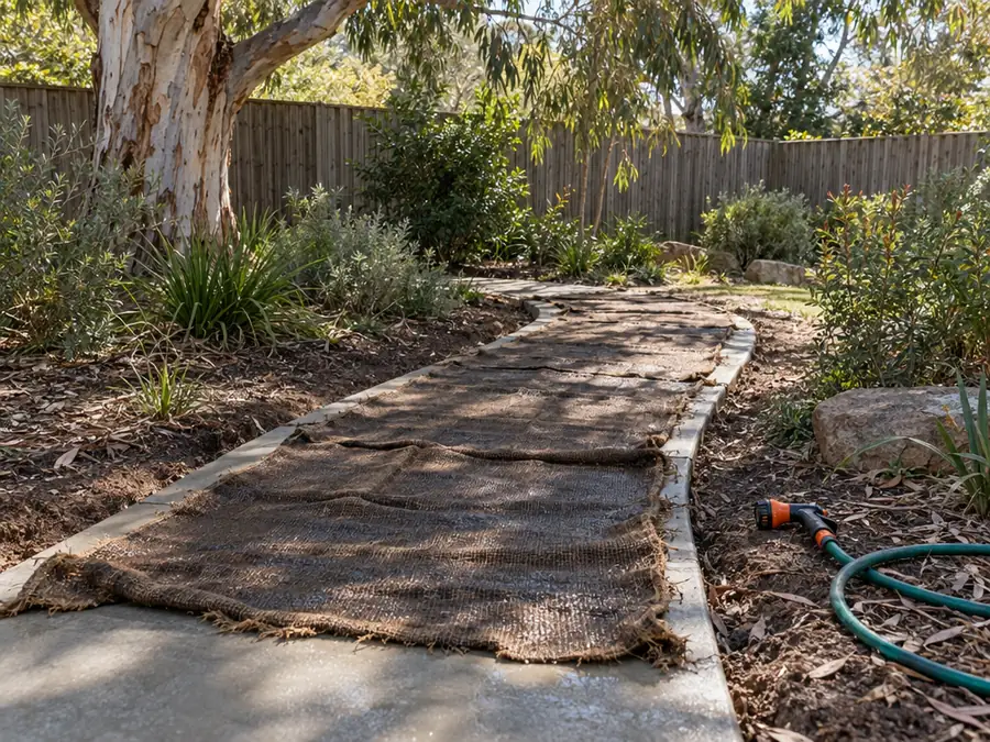 A new concrete garden path covered with soaked hessian sheets, with a garden hose and spray nozzle beside it, in dappled shade from a gum tree in front of a timber paling fence