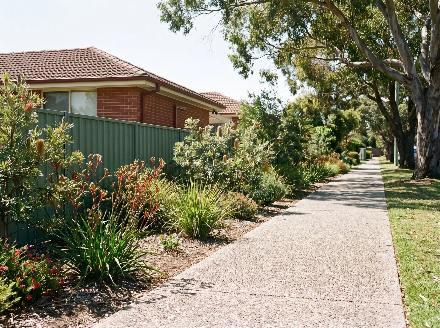 Concrete pathway through a landscaped garden
