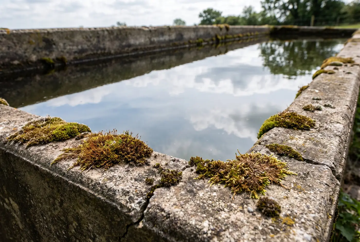 Concrete trough holding water on a farm